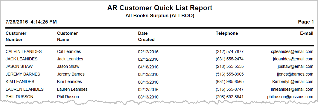 Customer Quick List