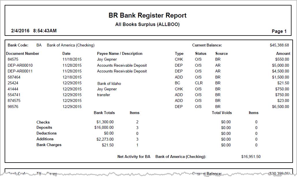 Bank Register Report