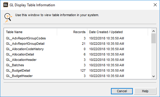 Viewing General Ledger Table Information
