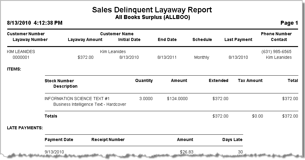 Delinquent Layaways Report